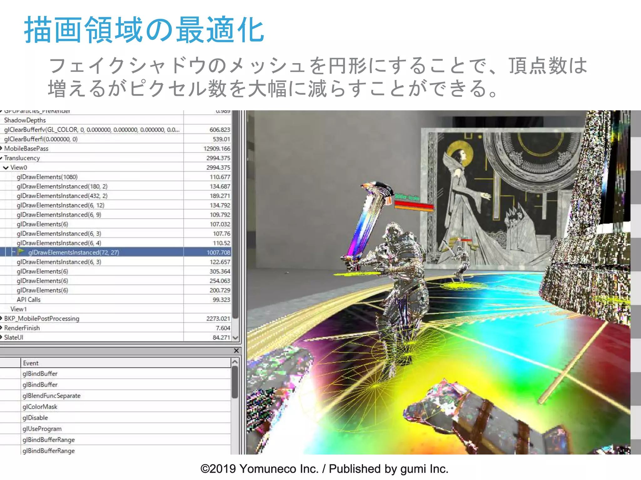描画領域の最適化
フェイクシャドウのメッシュを円形にすることで、頂点数は
増えるがピクセル数を大幅に減らすことができる。
 