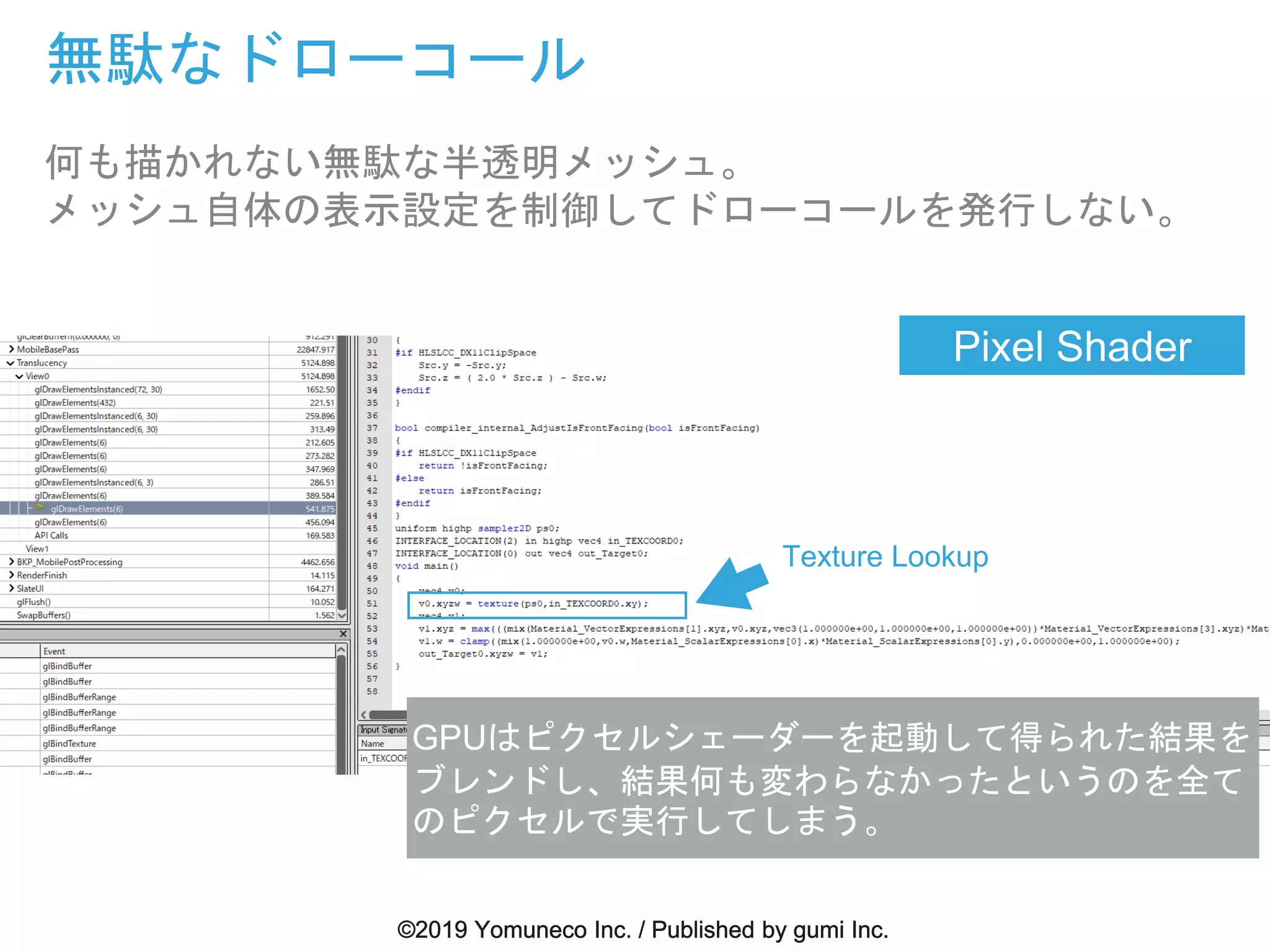 無駄なドローコール
何も描かれない無駄な半透明メッシュ。
メッシュ自体の表示設定を制御してドローコールを発行しない。
Texture Lookup
Pixel Shader
GPUはピクセルシェーダーを起動して得られた結果を
ブレンドし、結果何も変わらなかったというのを全て
のピクセルで実行してしまう。
 