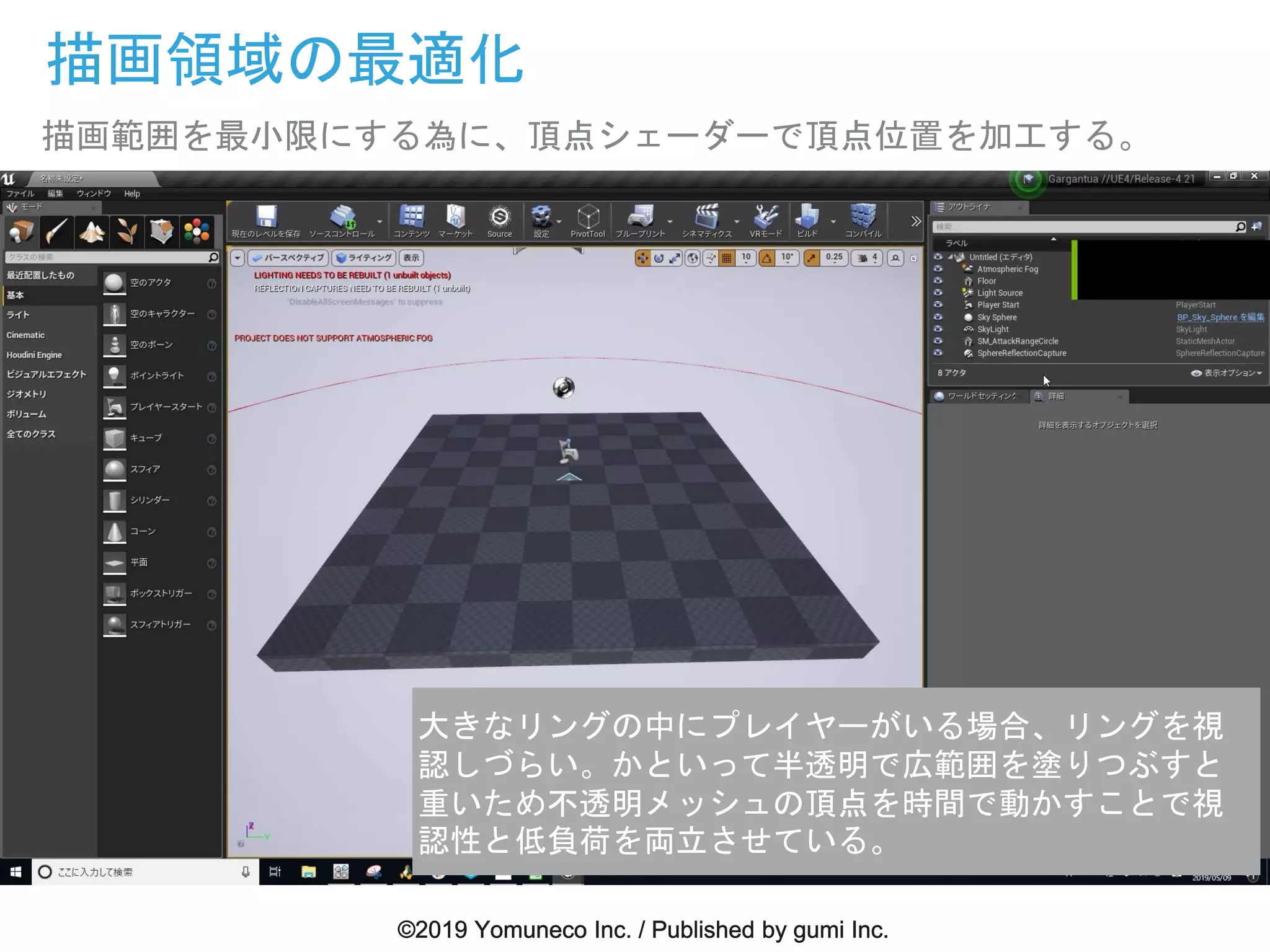描画領域の最適化
描画範囲を最小限にする為に、頂点シェーダーで頂点位置を加工する。
大きなリングの中にプレイヤーがいる場合、リングを視
認しづらい。かといって半透明で広範囲を塗りつぶすと
重いため不透明メッシュの頂点を時間で動かすことで視
認性と低負荷を両立させている。
 