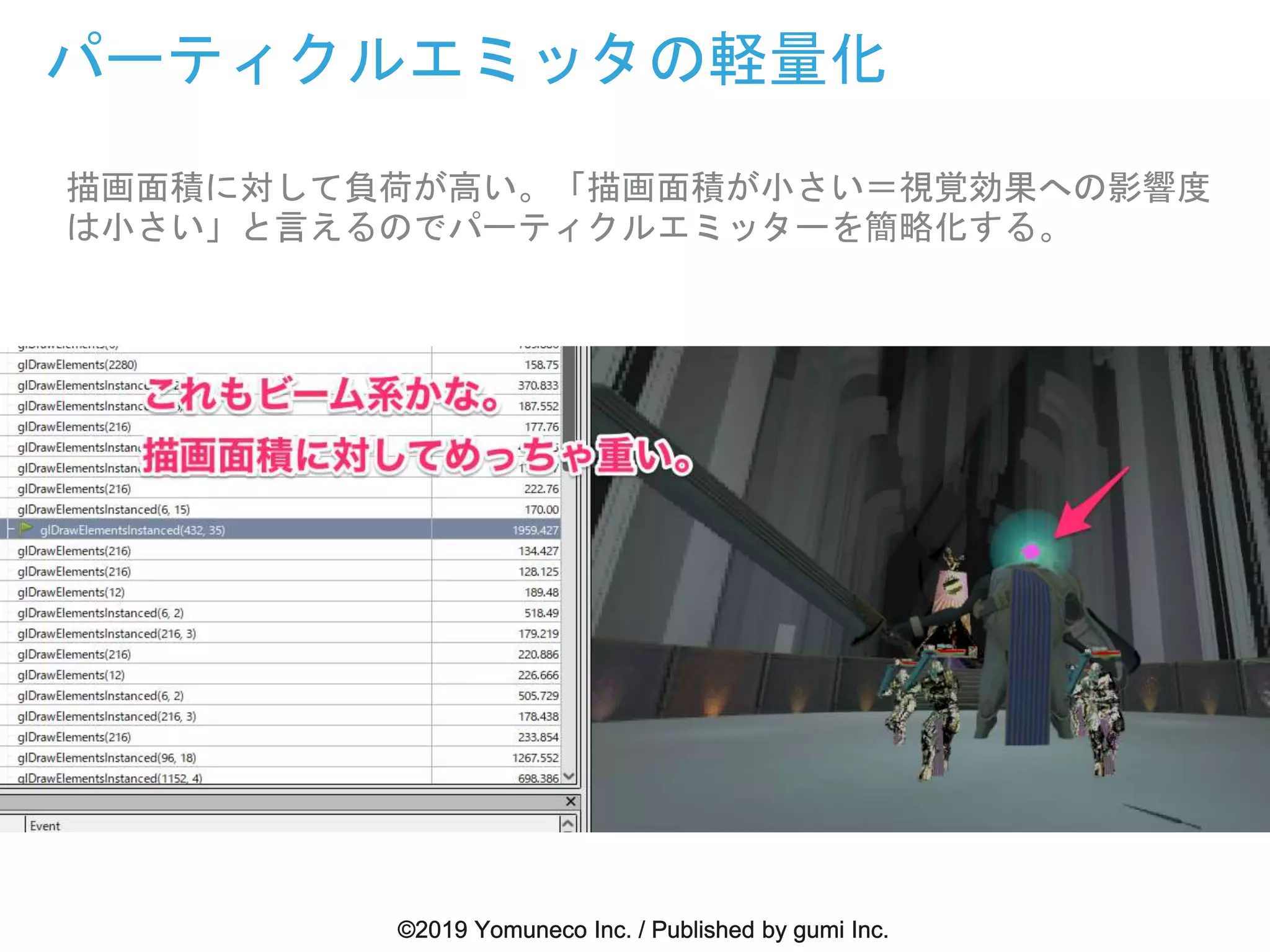 描画面積に対して負荷が高い。「描画面積が小さい＝視覚効果への影響度
は小さい」と言えるのでパーティクルエミッターを簡略化する。
パーティクルエミッタの軽量化
 