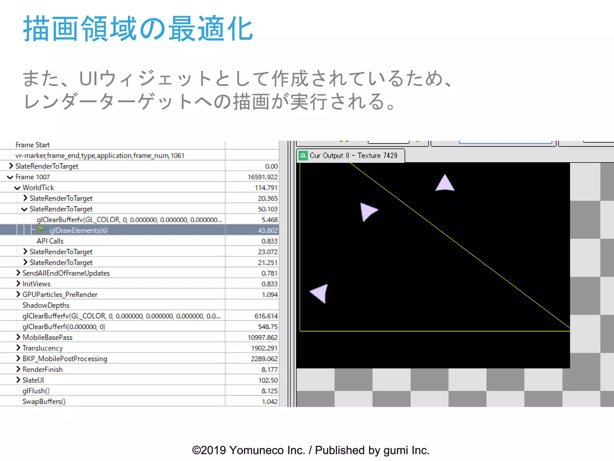 描画領域の最適化
また、UIウィジェットとして作成されているため、
レンダーターゲットへの描画が実行される。
 