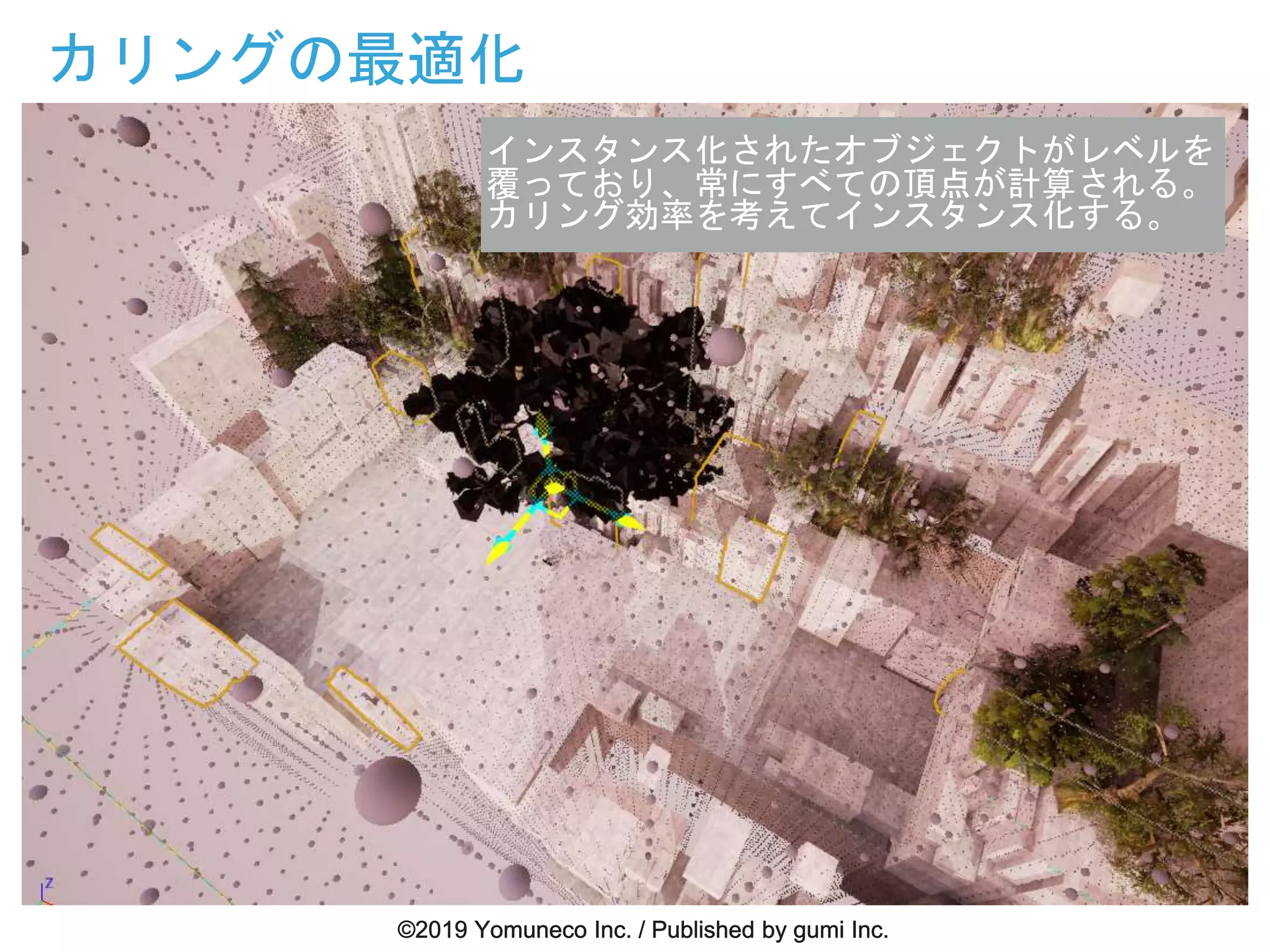 カリングの最適化
インスタンス化されたオブジェクトがレベルを
覆っており、常にすべての頂点が計算される。
カリング効率を考えてインスタンス化する。
 