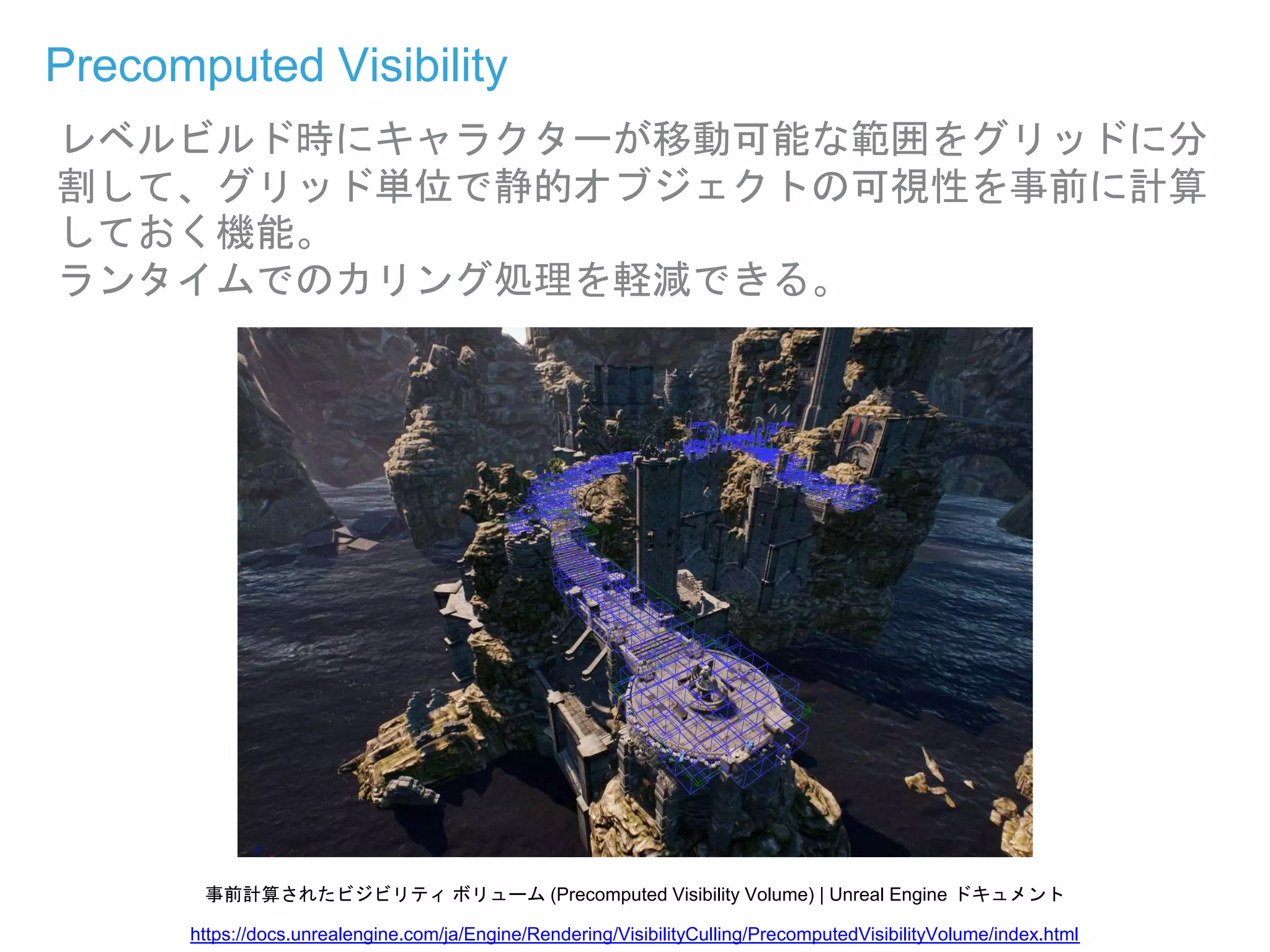 Precomputed Visibility
レベルビルド時にキャラクターが移動可能な範囲をグリッドに分
割して、グリッド単位で静的オブジェクトの可視性を事前に計算
しておく機能。
ランタイムでのカリング処理を軽減できる。
事前計算されたビジビリティ ボリューム (Precomputed Visibility Volume) | Unreal Engine ドキュメント
https://docs.unrealengine.com/ja/Engine/Rendering/VisibilityCulling/PrecomputedVisibilityVolume/index.html
 