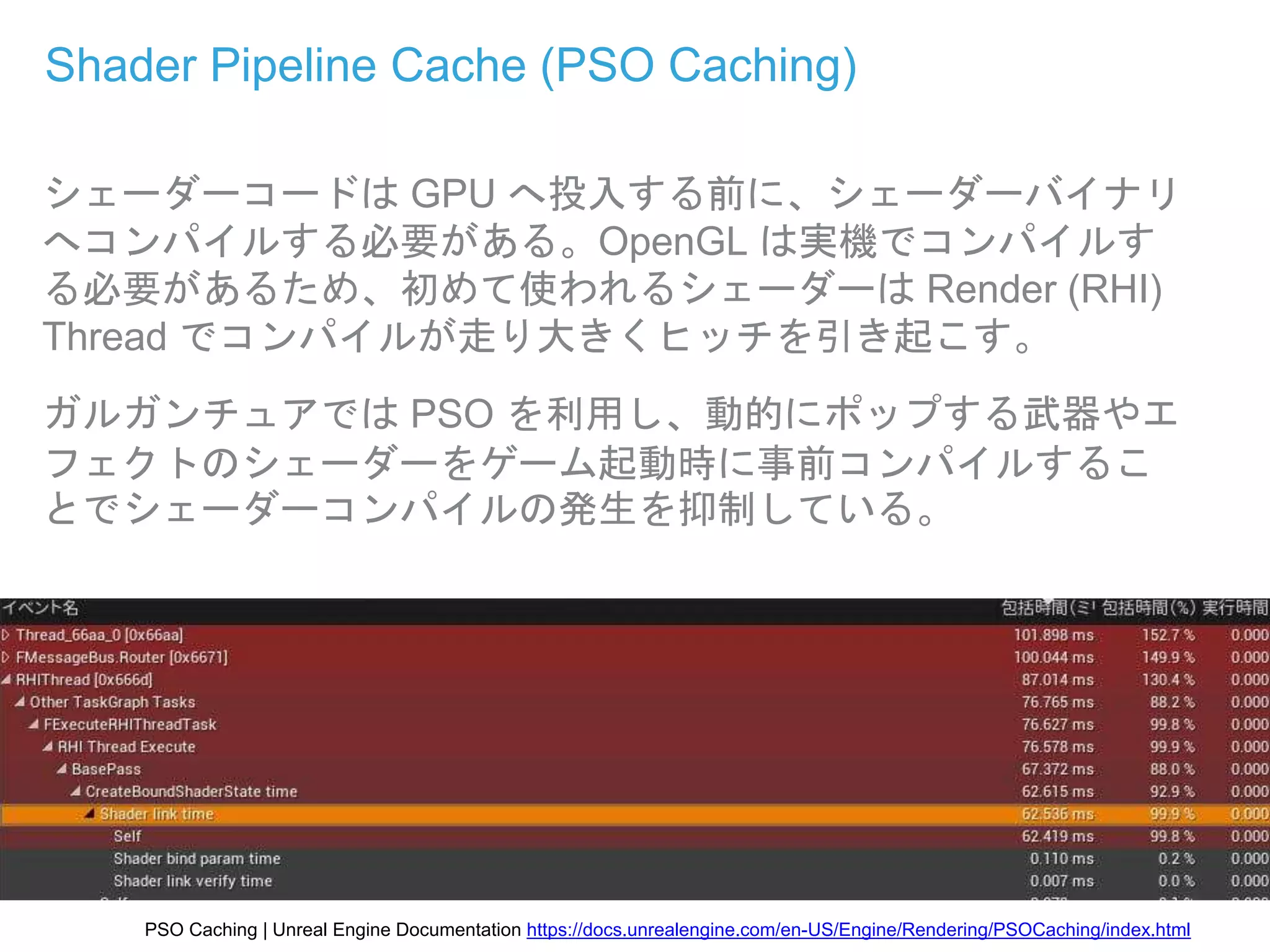 Shader Pipeline Cache (PSO Caching)
シェーダーコードは GPU へ投入する前に、シェーダーバイナリ
へコンパイルする必要がある。OpenGL は実機でコンパイルす
る必要があるため、初めて使われるシェーダーは Render (RHI)
Thread でコンパイルが走り大きくヒッチを引き起こす。
ガルガンチュアでは PSO を利用し、動的にポップする武器やエ
フェクトのシェーダーをゲーム起動時に事前コンパイルするこ
とでシェーダーコンパイルの発生を抑制している。
PSO Caching | Unreal Engine Documentation https://docs.unrealengine.com/en-US/Engine/Rendering/PSOCaching/index.html
 