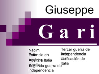 Giuseppe Garibaldi Nacimiento Estancia en América   Vuelta a Italia y exilio   Segunda guerra de independencia Tercer guerra de independencia Muerte Unificación de Italia  