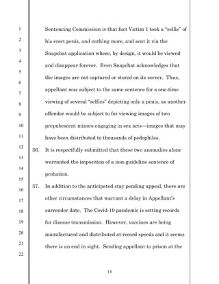 1
2
3
4
5
6
7
8
9
10
11
12
13
14
15
16
17
18
19
20
21
22
14
Sentencing Commission is that fact Victim 1 took a “selfie” of
his erect penis, and nothing more, and sent it via the
Snapchat application where, by design, it would be viewed
and disappear forever. Even Snapchat acknowledges that
the images are not captured or stored on its server. Thus,
appellant was subject to the same sentence for a one-time
viewing of several “selfies” depicting only a penis, as another
offender would be subject to for viewing images of two
prepubescent minors engaging in sex acts—images that may
have been distributed to thousands of pedophiles.
36. It is respectfully submitted that these two anomalies alone
warranted the imposition of a non-guideline sentence of
probation.
37. In addition to the anticipated stay pending appeal, there are
other circumstances that warrant a delay in Appellant’s
surrender date. The Covid-19 pandemic is setting records
for disease transmission. However, vaccines are being
manufactured and distributed at record speeds and it seems
there is an end in sight. Sending appellant to prison at the
 