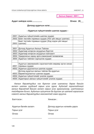 УЛСЫН САЛБАРЫН ДОТООД АУДИТЫН ГАРЫН АВЛАГА

ÕÀÂÑÐÀËÒ - 23

Ажлын баримт: 2001 /_ _

Аудит хийгдэх нэгж:.................

Огноо: 20_ _

Дотоод àудитын нэгж:...............................
- Аудитын гүйцэтгэлийн шалгах хуудас 2001 Аудитын гүйцэтгэлийн шалгах хуудас
2002 Биет тестийн горимын хуудас (Нэг үйл явцыг шалгах)
Биет тестийн горимын хуудас (Хэд хэдэн үйл явцыг
2003 шалгах)
3001
3002
3003
3004
3005

Дотоод Аудитын Ажлын Тайлан
Аудитаар илэрсэн асуудлын бүртгэл
Аудитаар илэрсэн асуудлын жагсаалт
Удирдлагын хариу арга хэмжээний төлөвлөгөө
Аудитын тайланг хүргүүлэх хуудас

Аудитын зөвлөмжийн хэрэгжилтийн мөрөөр эргэн хянах
4001 горимын хуудас
4002 Аудитын дуусгалтын шалгах хуудас
Дотоод аудитын ажлын тайлан ба аудитын
4003 баримтжуулалтыг шалгах хуудас
4004 Аудитын гүйцэтгэлийг үнэлэх хуудас
4005 Аудиторын ажлын гүйцэтгэлийг үнэлэх хуудас
Ажлын баримтуудûг нэг бүрчлэн үзэж шалгасны дараа багийн
ахлагч шалгах хуудсанд гарын үсэг зурна. Аудитад хэрэглэгдээгүй
ажлын баримтад багийн ахлагч гарын үсэг зурахгүйгээр, шалтгааныг
тайлбарлан бичнэ. Аудитын гүйцэтгэл ба дуусгах үе шатанд хэрэглэсэн
нэмэлт ажлын баримтуудыг жагсаалтад нэмж оруулна.
Бэлтгэсэн :

Хянасан :

Аудитын багийн ахлагч

Дотоод аудитын нэгжийн дарга

Гарын үсэг

Гарын үсэг

Огноо

Огноо

__________________________

__________________________

128

 