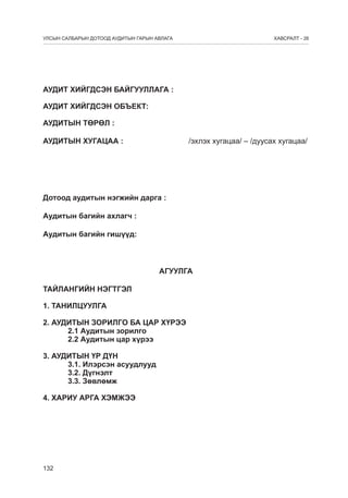 УЛСЫН САЛБАРЫН ДОТООД АУДИТЫН ГАРЫН АВЛАГА

ÕÀÂÑÐÀËÒ - 26

АУДИТ ХИЙГДСЭН БАЙГУУЛЛАГА :
АУДИТ ХИЙГДСЭН ОБЪЕКТ:
АУДИТЫН ТӨРӨЛ :
АУДИТЫН ХУГАЦАА :

/эхлэх хугацаа/ – /дуусах хугацаа/

Дотоод аудитын нэгжийн дарга :
Аудитын багийн ахлагч :
Аудитын багийн гишүүд:

АГУУЛГА
ТАЙЛАНГИЙН НЭГТГЭЛ
1. ТАНИЛЦУУЛГА
2. АУДИТЫН ЗОРИЛГО БА ЦАР ХҮРЭЭ
2.1 Аудитын зорилго
2.2 Аудитын цар хүрээ
3. АУДИТЫН ҮР ДҮН
3.1. Илэрсэн асуудлууд
3.2. Дүгнэлт
3.3. Зөвлөмж
4. ХАРИУ АРГА ХЭМЖЭЭ

132

 