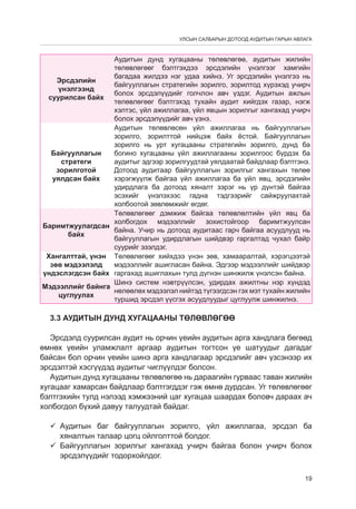 УЛСЫН САЛБАРЫН ДОТООД АУДИТЫН ГАРЫН АВЛАГА

Аудитын дунд хугацааны төлөвлөгөө, аудитын жилийн
төлөвлөгөөг бэлтгэхдээ эрсдэлийн үнэлгээг хамгийн
багадаа жилдээ нэг удаа хийнэ. Уг эрсдэлийн үнэлгээ нь
Эрсдэлийн
байгууллагын стратегийн зорилго, зорилтод хүрэхэд учирч
үнэлгээнд
болох эрсдýлүүдийг голчлон авч үздэг. Аудитын ажлын
суурилсан байх
төлөвлөгөөг бэлтгэхэд тухайн аудит хийгдэх газар, нэгж
хэлтэс, үйл ажиллагаа, үйл явцын зорилгыг хангахад учирч
болох эрсдýлүүдийг авч үзнэ.
Аудитын төлөвлөсөн үйл ажиллагаа нь байгууллагын
зорилго, зорилттой нийцэж байх ёстой. Байгууллагын
зорилго нь урт хугацааны стратегийн зорилго, дунд ба
богино хугацааны үйл ажиллагааны зорилгоос бүрдэх ба
Байгууллагын
аудитыг эдгээр зорилгуудтай уялдаатай байдлаар бэлтгэнэ.
стратеги
зорилготой
Дотоод аудитаар байгууллагын зорилгыг хангахын төлөө
уялдсан байх
хэрэгжүүлж байгаа үйл ажиллагаа ба үйл явц, эрсдэлийн
удирдлага ба дотоод хяналт зэрэг нь үр дүнтэй байгаа
эсэхийг үнэлэхээс гадна тэдгээрийг сайжруулахтай
холбоотой зөвлөмжийг өгдөг.
Төлөвлөгөөг дэмжиж байгаа төлөвлөлтийн үйл явц ба
холбогдох мэдээллийг зохистойгоор баримтжуулсан
Баримтжуулагдсан
байна. Учир нь дотоод аудитаас гарч байгаа асуудлууд нь
байх
байгууллагын удирдлагын шийдвэр гаргалтад чухал байр
суурийг эзэлдэг.
Хангалттай, үнэн Төлөвлөгөөг хийхдээ ¿íýí çºâ, хамааралтай, хэрэгцээтэй
зөв мэдээлэлд
мэдээллийг ашигласан байна. Эдгээр мэдээллийг шийдвэр
үндэслэгдсэн байх гаргаõàä ашиглахын тулд дүгнэн шинжилж үнэлсэн байна.
Шинэ систем нэвтрүүлсэн, удирдах ажилтны нэр хүндэд
Мэдээллийг байнга
нөлөөлөх мэдээлэл нийтэд түгээгдсэн гэх мэт тухайн жилийн
цуглуулах
туршид эрсдэл үүсгэх асуудлуудыг цуглуулж шинжилнэ.

3.3 Аудитын дунд хугацааны төлөвлөгөө
Эрсдэлд суурилсан аудит нь орчин үеийн аудитын арга хандлага бөгөөд
өмнөх үеийн уламжлалт аргаар аудитын тогтсон үе шатуудыг дагадаг
байсан бол орчин үеийн шинэ арга хандлагаар эрсдэлийг авч үзсэнээр их
эрсдэлтэй хэсгүүдэд аудитыг чиглүүлдэг болсон.
Аудитын дунд хугацааны төлөвлөгөө нь дараагийн гурваас таван жилийн
хугацааг хамарсан байдлаар бэлтгэгддэг гэж өмнө дурдсан. Уг төлөвлөгөөг
бэлтгэхийн тулд нэлээд хэмжээний цаг хугацаа шаардах боловч дараах ач
холбогдол бүхий давуу талуудтай байдаг.
ü	
Аудитын баг байгууллагын зорилго, үйл ажиллагаа, эрсдэл ба
хяналтын талаар цогц ойлголттой болдог.
ü	
Байгууллагын зорилгыг хангахад учирч байгаа болон учирч болох
эрсдэлүүдийг тодорхойлдог.
19

 