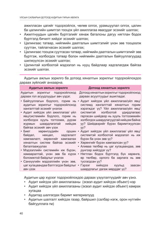 УЛСЫН САЛБАРЫН ДОТООД АУДИТЫН ГАРЫН АВЛАГА

•	
•	
•	
•	

ажилласан цагийг тодорхойлох, чөлөө олгох, урамшуулал олгох, цалин
ба цалингийн шимтгэл тооцох үйл ажиллагаа явагддаг эсэхийг шалгах;
Ажилòнуудын цагийн бүртгэлийг хянаж баталсны дагуу нягтлан бодох
бүртгэлд бичилт хийдэг эсэхийг шалгах;
Цалингаас татвар, нийгмийн даатгалын шимтгэлийг үнэн зөв тооцоолж
суутган, тайлагнасан эсэхийг шалгах;
Цалингаас тооцож суутгасан татвар, нийгмийн даатгалын шимтгэлийг зөв
бүртгэж, холбогдох татвар болон нийгмийн даатгалын байгууллагуудад
шилжүүлсэн эсэхийг шалгах;
Цалинтай холбоотой мэдээлэл нь нууц байдлаар хадгалагдаж байгаа
эсэхийг шалгах.

Аудитын ажлын зорилго ба дотоод хяналтын зорилгыг тодорхойлохдоо
дараах зүйлсийг анхаарна.
Аудитын ажлын зорилго
Аудитын зорилгыг тодорхойлоход
дараах гол асуудлуудыг авч үздэг.
•	 Байгууллагын бодлого, горим нь
аудитын зорилгыг тодорхойлоход
хангалттай эсэхийг үнэлэх
•	 Аудит хийгдэх үйл ажиллагаа/ үйл
явц/системийн бодлого, горим нь
холбогдох хууль тогтоомж, дүрэм
журмын
шаардлагатай
нийцэж
байгаа эсэхийг авч үзэх
•	 Биет
хөрөнгүүдийн
оршин
байдал,
нөхцөл,
хадгалалт
хамгаалалт, хөрөнгийг хамгаалах
хяналтын систем байгаа эсэхийг
баталгаажуулах
•	 Мэдээллийн системийн иж бүрэн,
хамааралтай, үнэн зөв ба хүрэх
боломжтой байдлыг үнэлэх
•	 Санхүүгийн мэдээллийн үнэн зөв,
цаг хугацаандаа бэлтгэгдэх байдлыг
авч үзэх

Дотоод хяналтын зорилго
Дотоод хяналтын зорилгыг тодорхойлоход
дараах асуултуудыг ашигладаг.
•	 Аудит хийгдэх үйл ажиллагаа/үйл явц/
системд хангалттай хяналтын горим
хэрэгждэг үү? Үйл ажиллагаа/үйл явц/
системтэй
холбоотой
удирдлагаас
гаргасан шийдвэр нь хууль тогтоомжийн
холбогдох шаардлагуудтай нийцэж байна
уу? Шийдвэрийг бүрэн баримтжуулсан
уу?
•	 Аудит хийгдэх үйл ажиллагаа/ үйл явц/
системтэй холбоотой мэдээлэл нь иж
бүрэн ба үнэн зөв үү?
•	 Хөрөнгийг бүрэн хамгаалсан уу?
•	 Аливаа төлбөр нь цаг хугацаандаа, зөв
дүнгээр хийгддэг үү?
•	 Нягтлан бодох бүртгэлд бүх хөрөнгө,
өр төлбөр, орлого ба зарлага нь зөв
тусгагдсан уу?
•	 Гэрээг
хийхдээ
хуульд
заасан
шаардлагыг дагаж мөрддөг үү?

Аудитын цар хүрээг тодорхойлохдоо дараах үзүүлэлтүүдийг авч үзнэ.
•	 Аудит хийгдэх үйл ажиллагааны (эсвэл аудит хийгдэх объект) нэр
•	 Аудит хийгдэх үйл ажиллагааны (эсвэл аудит хийгдэх объект) хамрах
хугацаа
•	 Аудитад шалгагдах баримт материалууд
•	 Аудитын шалгалт хийгдэх газар, байршил (салбар нэгж, орон нутгийн
байгууллага гм)
40

 