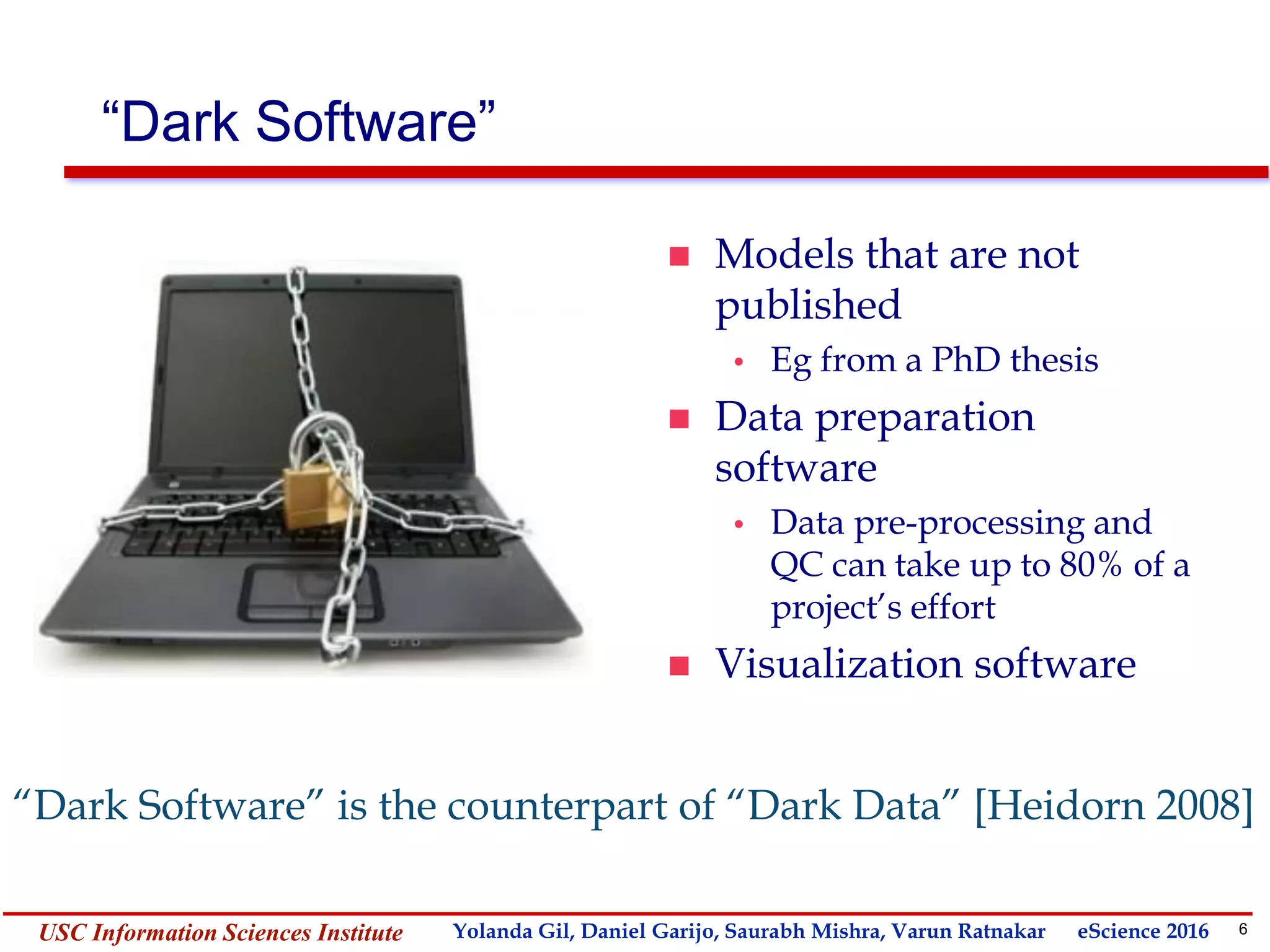 6Yolanda GilUSC Information Sciences Institute gil@isi.edu
“Dark Software”
 Models that are not
published
• Eg from a PhD thesis
 Data preparation
software
• Data pre-processing and
QC can take up to 80% of a
project’s effort
 Visualization software
“Dark Software” is the counterpart of “Dark Data” [Heidorn 2008]
Yolanda Gil, Daniel Garijo, Saurabh Mishra, Varun Ratnakar eScience 2016
 