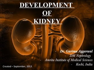 DEVELOPMENT 
OF 
KIDNEY 
- Dr. Garima Aggarwal 
- DM Nephrology 
- Amrita Institute of Medical Sciences 
- Kochi, India Created – September, 2013 
 