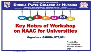 Thursday, March 21, 2024 1
Key Notes of Workshop
on NAAC for Universities
Organizers :GARIMA, IITE,SPU
Presented by,
Prof. Dhara Vyas
Associate Professor
DPCN
 