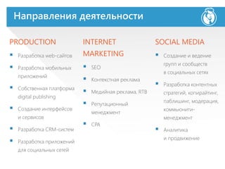 Направления деятельности
PRODUCTION
 Разработка web-сайтов
 Разработка мобильных
приложений
 Собственная платформа
digital publishing
 Создание интерфейсов
и сервисов
 Разработка CRM-систем
 Разработка приложений
для социальных сетей
INTERNET
MARKETING
 SEO
 Контекстная реклама
 Медийная реклама, RTB
 Репутационный
менеджмент
 CPA
SOCIAL MEDIA
 Создание и ведение
групп и сообществ
в социальных сетях
 Разработка контентных
стратегий, копирайтинг,
паблишинг, модерация,
коммьюнити-
менеджмент
 Аналитика
и продвижение
 