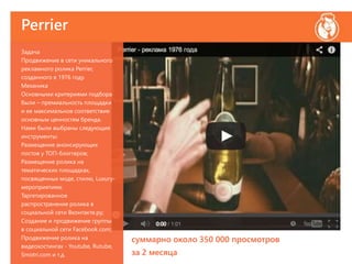 Perrier
Задача
Продвижение в сети уникального
рекламного ролика Perrier,
созданного в 1976 году.
Механика
Основными критериями подбора
были – премиальность площадки
и ее максимальное соответствие
основным ценностям бренда.
Нами были выбраны следующие
инструменты:
Размещение анонсирующих
постов у ТОП-блоггеров;
Размещение ролика на
тематических площадках,
посвященных моде, стилю, Luxury-
мероприятиям;
Таргетированное
распространение ролика в
социальной сети Вконтакте.ру;
Создание и продвижение группы
в социальной сети Facebook.com;
Продвижение ролика на
видеохостингах - Youtube, Rutube,
Smotri.com и т.д.
суммарно около 350 000 просмотров
за 2 месяца
 