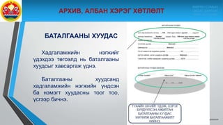 9/10/2020
Хадгаламжийн нэгжийг
үдэхдээ төгсөлд нь баталгааны
хуудсыг хавсаргаж үднэ.
Баталгааны хуудсанд
хадгаламжийн нэгжийн үндсэн
ба нэмэгт хуудасны тоог тоо,
үсгээр бичнэ.
БАТАЛГААНЫ ХУУДАС
МӨРӨН СУМЫН
ЗАСАГ ДАРГЫН
ТАМГЫН ГАЗАР
 