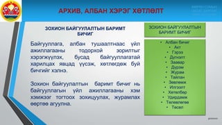 ЗОХИОН БАЙГУУЛАЛТЫН БАРИМТ
БИЧИГ
Байгууллага, албан тушаалтнаас үйл
ажиллагааны тодорхой зорилтыг
хэрэгжүүлэх, бусад байгууллагатай
харилцах явцад үүсэж, хөтлөгдөж буй
бичгийг хэлнэ.
Зохион байгуулалтын баримт бичиг нь
байгууллагын үйл ажиллагааны хэм
хэмжээг тогтоох зохицуулах, журамлах
өөртөө агуулна.
9/10/2020
ЗОХИОН БАЙГУУЛАЛТЫН
БАРИМТ БИЧИГ
• Албан бичиг
• Акт
• Гэрээ
• Дүгнэлт
• Заавар
• Дүрэм
• Журам
• Тайлан
• Зөвлөмж
• Илгээлт
• Хөтөлбөр
• Удирдамж
• Төлөвлөгөө
• Төсөл
МӨРӨН СУМЫН
ЗАСАГ ДАРГЫН
ТАМГЫН ГАЗАР
 