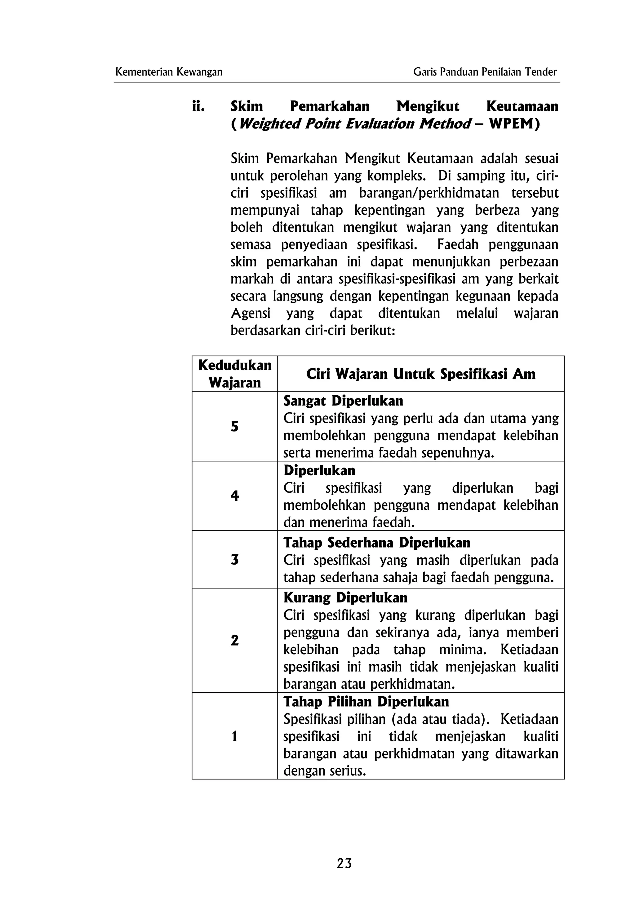 Kementerian Kewangan Garis Panduan Penilaian Tender
ii. Skim Pemarkahan Mengikut Keutamaan
(Weighted Point Evaluation Method – WPEM)
Skim Pemarkahan Mengikut Keutamaan adalah sesuai
untuk perolehan yang kompleks. Di samping itu, ciri-
ciri spesifikasi am barangan/perkhidmatan tersebut
mempunyai tahap kepentingan yang berbeza yang
boleh ditentukan mengikut wajaran yang ditentukan
semasa penyediaan spesifikasi. Faedah penggunaan
skim pemarkahan ini dapat menunjukkan perbezaan
markah di antara spesifikasi-spesifikasi am yang berkait
secara langsung dengan kepentingan kegunaan kepada
Agensi yang dapat ditentukan melalui wajaran
berdasarkan ciri-ciri berikut:
Kedudukan
Wajaran
Ciri Wajaran Untuk Spesifikasi Am
5
Sangat Diperlukan
Ciri spesifikasi yang perlu ada dan utama yang
membolehkan pengguna mendapat kelebihan
serta menerima faedah sepenuhnya.
4
Diperlukan
Ciri spesifikasi yang diperlukan bagi
membolehkan pengguna mendapat kelebihan
dan menerima faedah.
3
Tahap Sederhana Diperlukan
Ciri spesifikasi yang masih diperlukan pada
tahap sederhana sahaja bagi faedah pengguna.
2
Kurang Diperlukan
Ciri spesifikasi yang kurang diperlukan bagi
pengguna dan sekiranya ada, ianya memberi
kelebihan pada tahap minima. Ketiadaan
spesifikasi ini masih tidak menjejaskan kualiti
barangan atau perkhidmatan.
1
Tahap Pilihan Diperlukan
Spesifikasi pilihan (ada atau tiada). Ketiadaan
spesifikasi ini tidak menjejaskan kualiti
barangan atau perkhidmatan yang ditawarkan
dengan serius.
23
 