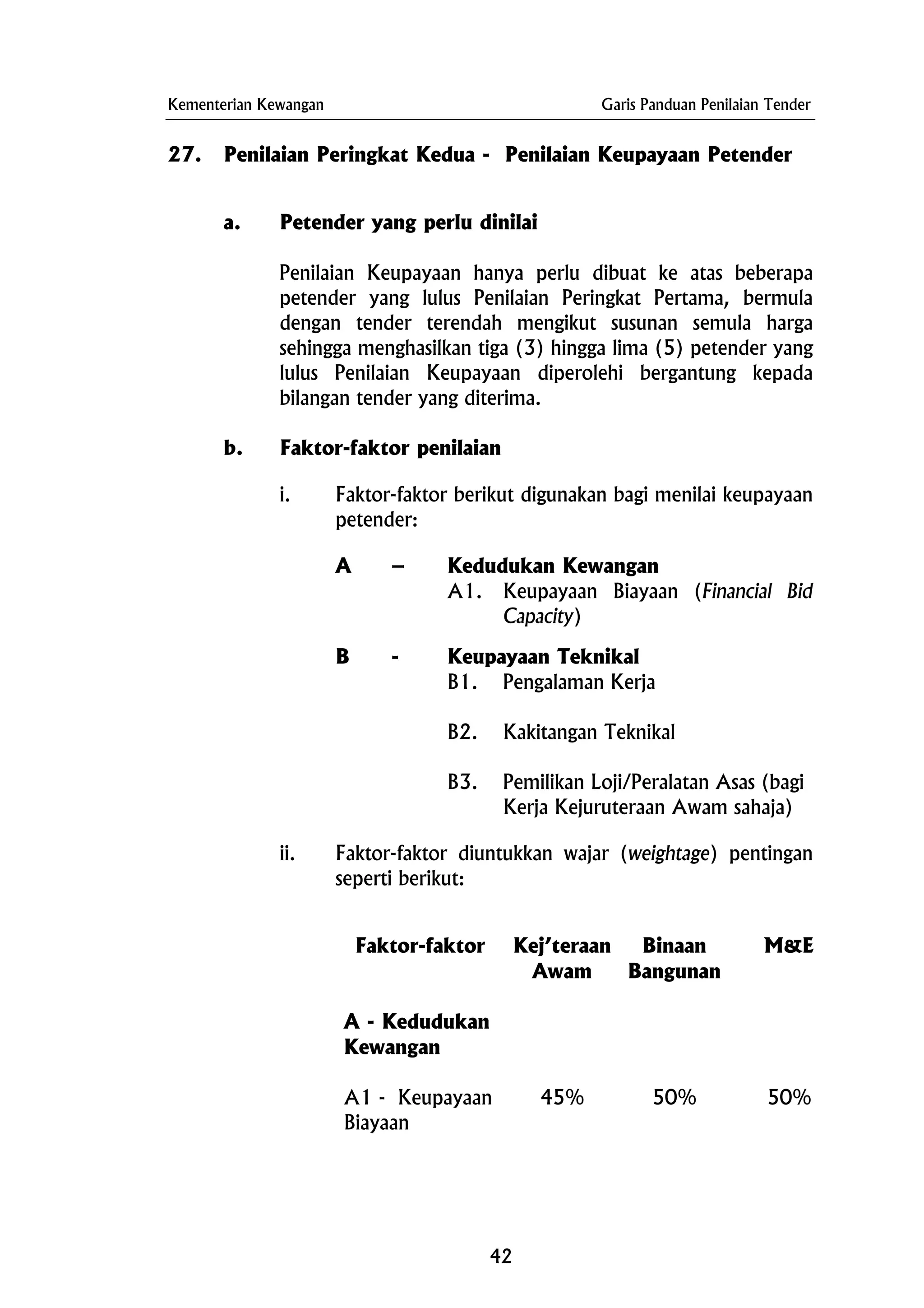 Kementerian Kewangan Garis Panduan Penilaian Tender
27. Penilaian Peringkat Kedua - Penilaian Keupayaan Petender
a. Petender yang perlu dinilai
Penilaian Keupayaan hanya perlu dibuat ke atas beberapa
petender yang lulus Penilaian Peringkat Pertama, bermula
dengan tender terendah mengikut susunan semula harga
sehingga menghasilkan tiga (3) hingga lima (5) petender yang
lulus Penilaian Keupayaan diperolehi bergantung kepada
bilangan tender yang diterima.
b. Faktor-faktor penilaian
i. Faktor-faktor berikut digunakan bagi menilai keupayaan
petender:
A – Kedudukan Kewangan
A1. Keupayaan Biayaan (Financial Bid
Capacity)
B - Keupayaan Teknikal
B1. Pengalaman Kerja
B2. Kakitangan Teknikal
B3. Pemilikan Loji/Peralatan Asas (bagi
Kerja Kejuruteraan Awam sahaja)
ii. Faktor-faktor diuntukkan wajar (weightage) pentingan
seperti berikut:
Faktor-faktor Kej’teraan
Awam
Binaan
Bangunan
M&E
A - Kedudukan
Kewangan
A1 - Keupayaan
Biayaan
45% 50% 50%
42
 