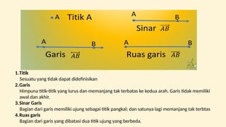 1.Titik
Sesuatu yang tidak dapat didefinisikan
2.Garis
Himpuna titik-titik yang lurus dan memanjang tak terbatas ke kedua arah. Garis tidak memiliki
awal dan akhir.
3.Sinar Garis
Bagian dari garis memiliki ujung sebagai titik pangkal; dan satunya lagi memanjang tak terbtas
4.Ruas garis
Bagian dari garis yang dibatasi dua titik ujung yang berbeda.
 