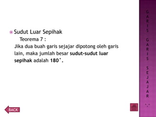  Sudut Luar Sepihak
Teorema 7 :
Jika dua buah garis sejajar dipotong oleh garis
lain, maka jumlah besar sudut-sudut luar
sepihak adalah 180˚.
G
A
R
I
S
G
A
R
I
S
S
E
J
A
J
A
R
^.^
BACK
 