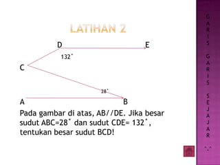 D E
132˚
C
28˚
A B
Pada gambar di atas, AB//DE. Jika besar
sudut ABC=28˚ dan sudut CDE= 132˚,
tentukan besar sudut BCD!
G
A
R
I
S
G
A
R
I
S
S
E
J
A
J
A
R
^.^
 