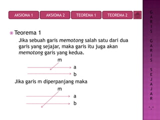  Teorema 1
Jika sebuah garis memotong salah satu dari dua
garis yang sejajar, maka garis itu juga akan
memotong garis yang kedua.
m
a
b
Jika garis m diperpanjang maka
m
a
b
AKSIOMA 1 AKSIOMA 2 TEOREMA 2TEOREMA 1
G
A
R
I
S
G
A
R
I
S
S
E
J
A
J
A
R
^.^
 