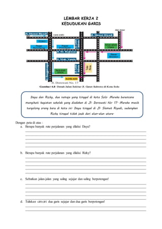 LEMBAR KERJA 2
KEDUDUKAN GARIS
Dengan peta di atas :
a. Berapa banyak rute perjalanan yang dilalui Dayu?
__________________________________________________________________________
__________________________________________________________________________
__________________________________________________________________________
__________________________________________________________________________
__________________________________________________________________________
b. Berapa banyak rute perjalanan yang dilalui Rizky?
__________________________________________________________________________
__________________________________________________________________________
__________________________________________________________________________
__________________________________________________________________________
__________________________________________________________________________
c. Sebutkan jalan-jalan yang saling sejajar dan saling berpotongan!
__________________________________________________________________________
__________________________________________________________________________
__________________________________________________________________________
__________________________________________________________________________
__________________________________________________________________________
d. Tuliskan ciri-ciri dua garis sejajar dan dua garis berpotongan!
__________________________________________________________________________
__________________________________________________________________________
Dayu dan Rizky, dua remaja yang tinggal di kota Solo. Mereka berencana
mengikuti kegiatan sekolah yang diadakan di Jl. Dorowati No. 17. Mereka masih
tergolong orang baru di kota ini. Dayu tinggal di Jl. Slamet Riyadi, sedangkan
Rizky tinggal tidak jauh dari alun-alun utara.
 