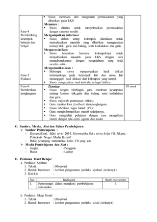 Fase-4
Membimbing
kelompok
bekerja dan
belajar
Fase-5
Evaluasi
 Siswa membaca dan mengamati permasalahan yang
diberikan pada LKS
Menanya :
 Siswa diminta untuk menyelesaikan permasalahan
dengan caranya sendiri .
Mengumpulkan informasi
 Siswa dalam setiap kelompok diarahkan untuk
menyelesaikan masalah yang diberikan menggunakan
konsep titik, garis dan bidang, serta kedudukan dua garis.
Mengasosiasikan:
 Siswa berdiskusi bersama kelompoknya untuk
menyelesaikan masalah pada LKS dengan cara
mengubungkannya dengan pengetahuan yang telah
mereka miliki.
Mengomunikasikan :
 Beberapa siswa menyampaikan hasil diskusi
kelompoknya pada kelompok lain dan siswa lain
menanggapi hasil diskusi dari kelompok yang tampil.
 Siswa mengerjakan soal individu sebagai latihan.
Fase-6
Memberikan
penghargaan
Penutup
 Siswa dengan bimbingan guru, membuat kesimpulan
tentang konsep titik,garis dan bidang, serta kedudukan
dua garis.
 Siswa mejawab pertanyaan refleksi.
 Guru memberikan feedback atau penghargaan.
 Siswa diberikan tugas rumah (PR).
 Guru menginformasikan materi selanjutnya.
 Guru mengakhiri pelajaran dengan cara mengaitkan
materi dengan nilai-nilai agama dan sosial.
10 menit
G. Sumber, Media, Alat dan Bahan Pembelajaran
 Sumber Pembelajaran :
- Kemendikbud. Edisi revisi 2014. Matematika Buku siswa kelas VII. Jakarta :
Politeknik Negeri Media Kreatif
- Buku penunjang matematika kelas VII yang lain
 Media Pembelajaran dan Alat :
- Jangka - Penggaris
- Busur - Laptop
H. Penilaian Hasil Belajar
a. Penilaian Spiritual
1. Teknik : Observasi
2. Bentuk Instrumen : Lembar pengamatan perilaku spiritual (terlampir)
3. Kisi-kisi :
b. Penilaian Sikap Sosial
1. Teknik : Observasi
2. Bentuk Instrumen : Lembar pengamatan perilaku sosial (terlampir)
No. Indikator Butir Instrumen
1. Bersemangat dalam mengikuti pembelajaran
matematika.
1
 