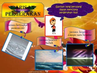 Garisan                          Garisan yang berulang
                                     dapat mencipta
                                     pergerakan ilusi
pergerakan
Garisan berlingkar-
    pusaran air
                                             Garisan bergetar –
                                            Lampu neon bergetar

                      Garisan beralun -
                           Ombak
 