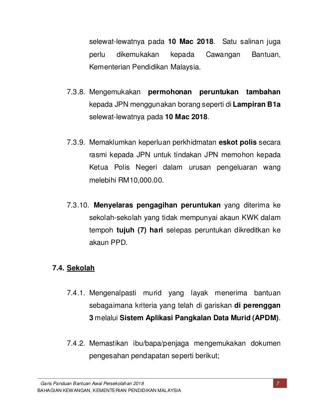 Garis panduan bantuan awal persekolahan 2018
