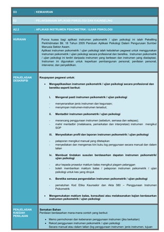 D3 : KEMAHIRAN
E2 : PELAKSANAAN APLIKASI PSIKOLOGI DAN KAUNSELING
A2.2 : APLIKASI INSTRUMEN PSIKOMETRIK / UJIAN PSIKOLOGI
HURAIAN Punca kuasa bagi aplikasi instrumen psikometrik / ujian psikologi ini ialah Pekeliling
Perkhidmatan Bil. 18 Tahun 2005 Panduan Aplikasi Psikologi Dalam Pengurusan Sumber
Manusia Sektor Awam.
Aplikasi instrumen psikometrik / ujian psikologi ialah kebolehan pegawai untuk menggunakan
instrumen psikometrik / ujian psikologi secara profesional dan beretika. Instrumen psikometrik
/ ujian psikologi ini terdiri daripada instrumen yang berlesen dan instrumen yang diadaptasi.
Instrumen ini digunakan untuk keperluan pembangunan personal, penilaian personal,
intervensi, dan penyelidikan.
PENJELASAN
DESKRIPSI
Keupayaan pegawai untuk:
 Mengaplikasikan instrumen psikometrik / ujian psikologi secara profesional dan
beretika seperti berikut:
i. Mengenal pasti instrumen psikometrik / ujian psikologi
- menyenaraikan jenis instrumen dan kegunaan;
- menyimpan instrumen-instrumen tersebut;
ii. Mentadbir instrumen psikometrik / ujian psikologi
- merancang penggunaan instrumen (sebelum, semasa dan selepas);
- mahir mentadbir (melaksana, pemarkatan dan interpretasi) instrumen mengikut
SOP
iii. Menyediakan profil dan laporan instrumen psikometrik / ujian psikologi
- pelaporan mengikut manual yang ditetapkan
- menyediakan dan mengemas kini buku log penggunaan secara manual dan dalam
talian
iv. Membuat tindakan susulan berdasarkan dapatan instrumen psikometrik/
ujian psikologi
- akur kepada prosedur maklum balas mengikut piagam pelanggan
- boleh memberikan maklum balas / pelaporan instrumen psikometrik / ujian
psikologi untuk kes yang dirujuk
v. Beretika semasa pengendalian instrumen psikometrik / ujian psikologi
- pematuhan Kod Etika Kaunselor dan Akta 580 – Penggunaan Instrumen
Psikometrik
 Mengemukakan maklum balas, konsultasi atau melaksanakan kajian berdasarkan
instrumen psikometrik / ujian psikologi
PENJELASAN
KAEDAH
PENILAIAN
Semakan Bahan
Penilaian berdasarkan mana-mana contoh yang berikut:
 Memo permohonan dan kebenaran penggunaan instrumen (jika berkaitan)
 Rekod penggunaan instrumen psikometrik / ujian psikologi
Secara manual atau dalam talian (log penggunaan instrumen: jenis instrumen, tujuan
 