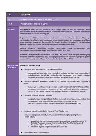 D3 : KEMAHIRAN
E1 : PERANCANGAN INTERVENSI/ (RE)HABILITASI
A1.1 : PENGETAHUAN BIDANG KHUSUS
HURAIAN (Re)habilitasi ialah program intervensi yang berkait rapat dengan isu pendidikan yang
menyebabkan ketidakupayaan peningkatan kualiti hidup dan potensi diri. Program intervensi ini
adalah berasaskan sekolah dan berpusat.
Program intervensi dilaksanakan secara holistik dan bersepadu tentang proses pemulihan bagi
meningkatkan kemahiran motor, komunikasi, emosi, kognitif, sosial, dan keupayaan yang hilang
akibat kecacatan, kecederaan dan penyakit. Kehilangan kemahiran-kemahiran ini mengakibatkan
gangguan mobiliti, komunikasi dan keupayaan dalam menjalani aktiviti harian.
Matlamat intervensi/ (re)habilitasi bertujuan meminimakan impak ketidakupayaan bagi
membolehkan klien menjalani proses pembelajaran dengan lebih baik.
Klien merujuk kepada Murid Berkeperluan Khas (MBK) dan kanak-kanak berkeperluan khas yang
menerima intervensi/ (re)habilitasi atau ibu bapa/penjaga/guru dan profesional yang lain apabila
menerima khidmat konsultasi Pusat Perkhidmatan Pendidikan Khas (3PK).
PENJELASAN
DESKRIPSI
Keupayaan pegawai untuk:
 menguasai jenis permasalahan/ ketidakupayaan klien
- mempunyai pengetahuan yang mendalam berkaitan dengan jenis permasalahan/
ketidakupayaan, contohnya, perkembangan pertuturan yang lewat, masalah
pendengaran, masalah penglihatan, masalah pembelajaran, dan lain-lain.
 menguasai pelbagai pendekatan intervensi/ (re)habilitasi berasaskan bukti (evidence -
based)
- mempunyai pengetahuan yang berkaitan dengan pendekatan intervensi/ (re)habilitasi
berasaskan bukti (evidence–based), contohnya, modifikasi tingkah laku, rangsangan
pertuturan dan bahasa, rangsangan pendengaran, integrasi sensori dan lain-lain.
 menguasai prosedur saringan/ penilaian
- mengetahui cara mengambil case history, membuat pemerhatian, menemu bual dan
menggunakan borang penilaian standard/ instrumen/ senarai semak.
- mengetahui prosedur dalam menjalankan saringan/ penilaian kepada klien.
 menguasai kaedah pengendalian instrumen /ujian/ alatan khas
berupaya mengendalikan instrumen/ ujian/ alatan khas mengikut bidang khusus.
contoh bidang:
 Audiologi - ujian pendengaran menggunakan alat khas seperti Audiometer dll
 Patalogi Pertuturan Bahasa - Instrumen Penilaian Awal Kanak-Kanak dll
 Peripatetik - Ujian Denver dll
 Psikologi - Ujian Saringan Vanderbilt/ Conners dll
 mematuhi kod etika profesionalisme
 