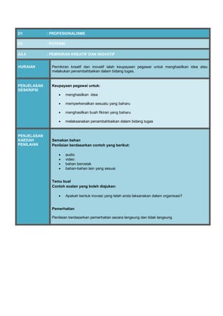 D1 : PROFESIONALISME
E3 : POTENSI
A3.4 : PEMIKIRAN KREATIF DAN INOVATIF
HURAIAN Pemikiran kreatif dan inovatif ialah keupayaan pegawai untuk menghasilkan idea atau
melakukan penambahbaikan dalam bidang tugas.
PENJELASAN
DESKRIPSI
Keupayaan pegawai untuk:
 menghasilkan idea
 memperkenalkan sesuatu yang baharu
 menghasilkan buah fikiran yang baharu
 melaksanakan penambahbaikan dalam bidang tugas
PENJELASAN
KAEDAH
PENILAIAN
Semakan bahan
Penilaian berdasarkan contoh yang berikut:
 audio
 video
 bahan bercetak
 bahan-bahan lain yang sesuai
Temu bual
Contoh soalan yang boleh diajukan:
 Apakah bentuk inovasi yang telah anda laksanakan dalam organisasi?
Pemerhatian
Penilaian berdasarkan pemerhatian secara langsung dan tidak langsung
 