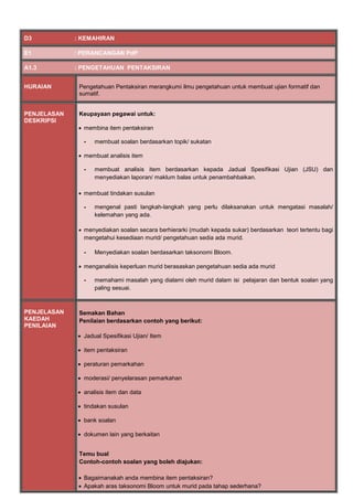 D3 : KEMAHIRAN
E1 : PERANCANGAN PdP
A1.3 : PENGETAHUAN PENTAKSIRAN
HURAIAN Pengetahuan Pentaksiran merangkumi ilmu pengetahuan untuk membuat ujian formatif dan
sumatif.
PENJELASAN
DESKRIPSI
Keupayaan pegawai untuk:
 membina item pentaksiran
- membuat soalan berdasarkan topik/ sukatan
 membuat analisis item
- membuat analisis item berdasarkan kepada Jadual Spesifikasi Ujian (JSU) dan
menyediakan laporan/ maklum balas untuk penambahbaikan.
 membuat tindakan susulan
- mengenal pasti langkah-langkah yang perlu dilaksanakan untuk mengatasi masalah/
kelemahan yang ada.
 menyediakan soalan secara berhierarki (mudah kepada sukar) berdasarkan teori tertentu bagi
mengetahui kesediaan murid/ pengetahuan sedia ada murid.
- Menyediakan soalan berdasarkan taksonomi Bloom.
 menganalisis keperluan murid berasaskan pengetahuan sedia ada murid
- memahami masalah yang dialami oleh murid dalam isi pelajaran dan bentuk soalan yang
paling sesuai.
PENJELASAN
KAEDAH
PENILAIAN
Semakan Bahan
Penilaian berdasarkan contoh yang berikut:
 Jadual Spesifikasi Ujian/ Item
 item pentaksiran
 peraturan pemarkahan
 moderasi/ penyelarasan pemarkahan
 analisis item dan data
 tindakan susulan
 bank soalan
 dokumen lain yang berkaitan
Temu bual
Contoh-contoh soalan yang boleh diajukan:
 Bagaimanakah anda membina item pentaksiran?
 Apakah aras taksonomi Bloom untuk murid pada tahap sederhana?
 
