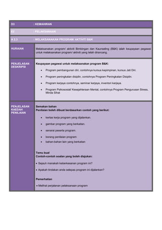 D3 : KEMAHIRAN
E2 : PELAKSANAAN
A 2.3 : MELAKSANAKAN PROGRAM/ AKTIVITI B&K
HURAIAN Melaksanakan program/ aktiviti Bimbingan dan Kaunseling (B&K) ialah keupayaan pegawai
untuk melaksanakan program/ aktiviti yang telah dirancang.
PENJELASAN
DESKRIPSI
Keupayaan pegawai untuk melaksanakan program B&K:
 Program pembangunan diri, contohnya kursus kepimpinan, kursus Jati Diri.
 Program peningkatan disiplin, contohnya Program Peningkatan Disiplin.
 Program kerjaya contohnya, seminar kerjaya, inventori kerjaya.
 Program Psikososial/ Kesejahteraan Mental, contohnya Program Pengurusan Stress,
Minda Sihat
PENJELASAN
KAEDAH
PENILAIAN
Semakan bahan
Penilaian boleh dibuat berdasarkan contoh yang berikut:
 kertas kerja program yang dijalankan.
 gambar program yang berkaitan.
 senarai peserta program.
 borang penilaian program
 bahan-bahan lain yang berkaitan
Temu bual
Contoh-contoh soalan yang boleh diajukan:
 Sejauh manakah keberkesanan program ini?
 Apakah tindakan anda selepas program ini dijalankan?
Pemerhatian
 Melihat perjalanan pelaksanaan program
 