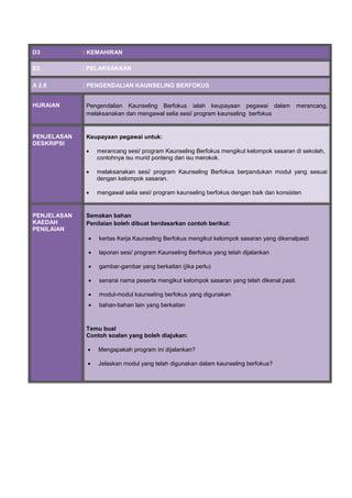 D3 : KEMAHIRAN
E2 : PELAKSANAAN
A 2.6 : PENGENDALIAN KAUNSELING BERFOKUS
HURAIAN Pengendalian Kaunseling Berfokus ialah keupayaan pegawai dalam merancang,
melaksanakan dan mengawal selia sesi/ program kaunseling berfokus
PENJELASAN
DESKRIPSI
Keupayaan pegawai untuk:
 merancang sesi/ program Kaunseling Berfokus mengikut kelompok sasaran di sekolah,
contohnya isu murid ponteng dan isu merokok.
 melaksanakan sesi/ program Kaunseling Berfokus berpandukan modul yang sesuai
dengan kelompok sasaran.
 mengawal selia sesi/ program kaunseling berfokus dengan baik dan konsisten
PENJELASAN
KAEDAH
PENILAIAN
Semakan bahan
Penilaian boleh dibuat berdasarkan contoh berikut:
 kertas Kerja Kaunseling Berfokus mengikut kelompok sasaran yang dikenalpasti
 laporan sesi/ program Kaunseling Berfokus yang telah dijalankan
 gambar-gambar yang berkaitan (jika perlu)
 senarai nama peserta mengikut kelompok sasaran yang telah dikenal pasti.
 modul-modul kaunseling berfokus yang digunakan
 bahan-bahan lain yang berkaitan
Temu bual
Contoh soalan yang boleh diajukan:
 Mengapakah program ini dijalankan?
 Jelaskan modul yang telah digunakan dalam kaunseling berfokus?
 