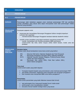D3 : KEMAHIRAN
E1 : PERANCANGAN
A1.2 : PERANCANGAN
HURAIAN Perancangan ialah kebolehan pegawai untuk membuat perancangan PdP dan pemilihan
sumber pendidikan yang sesuai serta dapat menunjukkan bukti hasil perancangan melalui
dokumen yang berkaitan.
PENJELASAN
DESKRIPSI
Keupayaan pegawai untuk:
 merancang dan menyediakan Rancangan Pengajaran/ latihan mengikut keperluan
kurikulum dan organisasi
- mendokumentasi Rancangan Pengajaran berdasar kalendar akademik institusi
 memilih sumber pendidikan yang dapat membantu menyokong proses PdP
- menilai, menyediakan dan mendokumentasikan BBM yang sesuai
- contoh-contoh: klip video, bahan maujud, artikel, bahan bacaan, model, carta dan
peralatan
PENJELASAN
KAEDAH
PENILAIAN
Semakan bahan
Penilaian boleh dibuat berdasarkan mana-mana contoh yang berikut:
IPG
KM
ELTC
IAB
:
:
:
:
Dokumen ISO terkini, Kalendar Akademik dan Folio Pensyarah
Rancangan Pengajaran Semester (RPS), Kalendar Akademik
Kalendar Tahunan, Sukatan Pelajaran, Proforma Kursus, Modul
Latihan dan Folio Profesional
Rancangan Sesi Latihan (RSL), Nota Sesi Latihan (NSL),
bahan/ edaran pengajaran
Temu bual
Contoh-contoh soalan yang boleh diajukan:
 Terangkan langkah-langkah yang anda lakukan untuk membuat perancangan PdP?
 Jika berlaku kecemasan, bagaimana anda mengubah suai rancangan pengajaran?
 Dari manakah anda memperoleh BBM untuk bahan pengajaran?
Pemerhatian
Contoh-contoh pemerhatian yang boleh dilakukan (secara tidak formal):
 sesi perkongsian ilmu/ mesyuarat/ bengkel/ forum/ media sosial
 perbincangan untuk menyelesaikan masalah
 berusaha mencari kaedah/ strategi/ bahan yang sesuai
 
