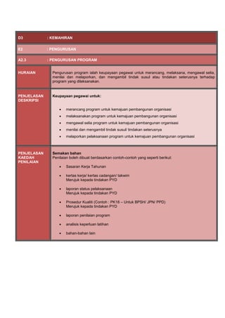 D3 : KEMAHIRAN
E2 : PENGURUSAN
A2.3 : PENGURUSAN PROGRAM
HURAIAN Pengurusan program ialah keupayaan pegawai untuk merancang, melaksana, mengawal selia,
menilai dan melaporkan, dan mengambil tindak susul atau tindakan seterusnya terhadap
program yang dilaksanakan.
PENJELASAN
DESKRIPSI
Keupayaan pegawai untuk:
 merancang program untuk kemajuan pembangunan organisasi
 melaksanakan program untuk kemajuan pembangunan organisasi
 mengawal selia program untuk kemajuan pembangunan organisasi
 menilai dan mengambil tindak susul/ tindakan seterusnya
 melaporkan pelaksanaan program untuk kemajuan pembangunan organisasi
PENJELASAN
KAEDAH
PENILAIAN
Semakan bahan
Penilaian boleh dibuat berdasarkan contoh-contoh yang seperti berikut:
 Sasaran Kerja Tahunan
 kertas kerja/ kertas cadangan/ takwim
Merujuk kepada tindakan PYD
 laporan status pelaksanaan
Merujuk kepada tindakan PYD
 Prosedur Kualiti (Contoh : PK18 – Untuk BPSH/ JPN/ PPD)
Merujuk kepada tindakan PYD
 laporan penilaian program
 analisis keperluan latihan
 bahan-bahan lain
 
