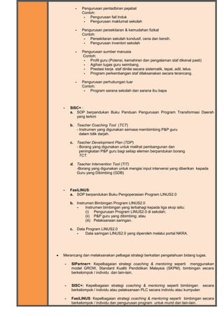 - Pengurusan pentadbiran pejabat
Contoh:
- Pengurusan fail Induk
- Pengurusan maklumat sekolah
- Pengurusan persekitaran & kemudahan fizikal
Contoh:
- Persekitaran sekolah kondusif, ceria dan bersih.
- Pengurusan inventori sekolah
- Pengurusan sumber manusia
Contoh:
- Profil guru (Potensi, kemahiran dan pengalaman staf dikenal pasti)
- Agihan tugas guru seimbang.
- Prestasi kerja staf dinilai secara sistematik, tepat, adil, telus.
- Program perkembangan staf dilaksanakan secara terancang.
- Pengurusan perhubungan luar
Contoh:
- Program sarana sekolah dan sarana ibu bapa
- SISC+ :
a. SOP berpandukan Buku Panduan Pengurusan Program Transformasi Daerah
yang terkini
b. Teacher Coaching Tool (TCT)
- Instrumen yang digunakan semasa membimbing P&P guru
dalam bilik darjah.
c. Teacher Development Plan (TDP)
- Borang yang digunakan untuk melihat pembangunan dan
peningkatan P&P guru bagi setiap elemen berpandukan borang
TCT.
d. Teacher Intervention Tool (TIT)
-Borang yang digunakan untuk mengisi input intervensi yang diberikan kepada
Guru yang Dibimbing (GDB)
- FasiLINUS:
a. SOP berpandukan Buku Pengoperasian Program LINUS2.0
b. Instrumen Bimbingan Program LINUS2.0
- Instrumen bimbingan yang terbahagi kepada tiga skop iaitu:
(i) Pengurusan Program LINUS2.0 di sekolah;
(ii) P&P guru yang dibimbing; atau
(iii) Pelaksanaan saringan.
c. Data Program LINUS2.0
- Data saringan LINUS2.0 yang diperoleh melalui portal NKRA.
 Merancang dan melaksanakan pelbagai strategi berkaitan pengetahuan bidang tugas.
- SIPartner+: Kepelbagaian strategi coaching & mentoring seperti menggunakan
model GROW, Standard Kualiti Pendidikan Malaysia (SKPM), bimbingan secara
berkelompok / individu dan lain-lain.
- SISC+: Kepelbagaian strategi coaching & mentoring seperti bimbingan secara
berkelompok / individu atau pelaksanaan PLC secara individu atau kumpulan
- FasiLINUS: Kepelbagaian strategi coaching & mentoring seperti bimbingan secara
berkelompok / individu dan pengurusan program untuk murid dan lain-lain.
 