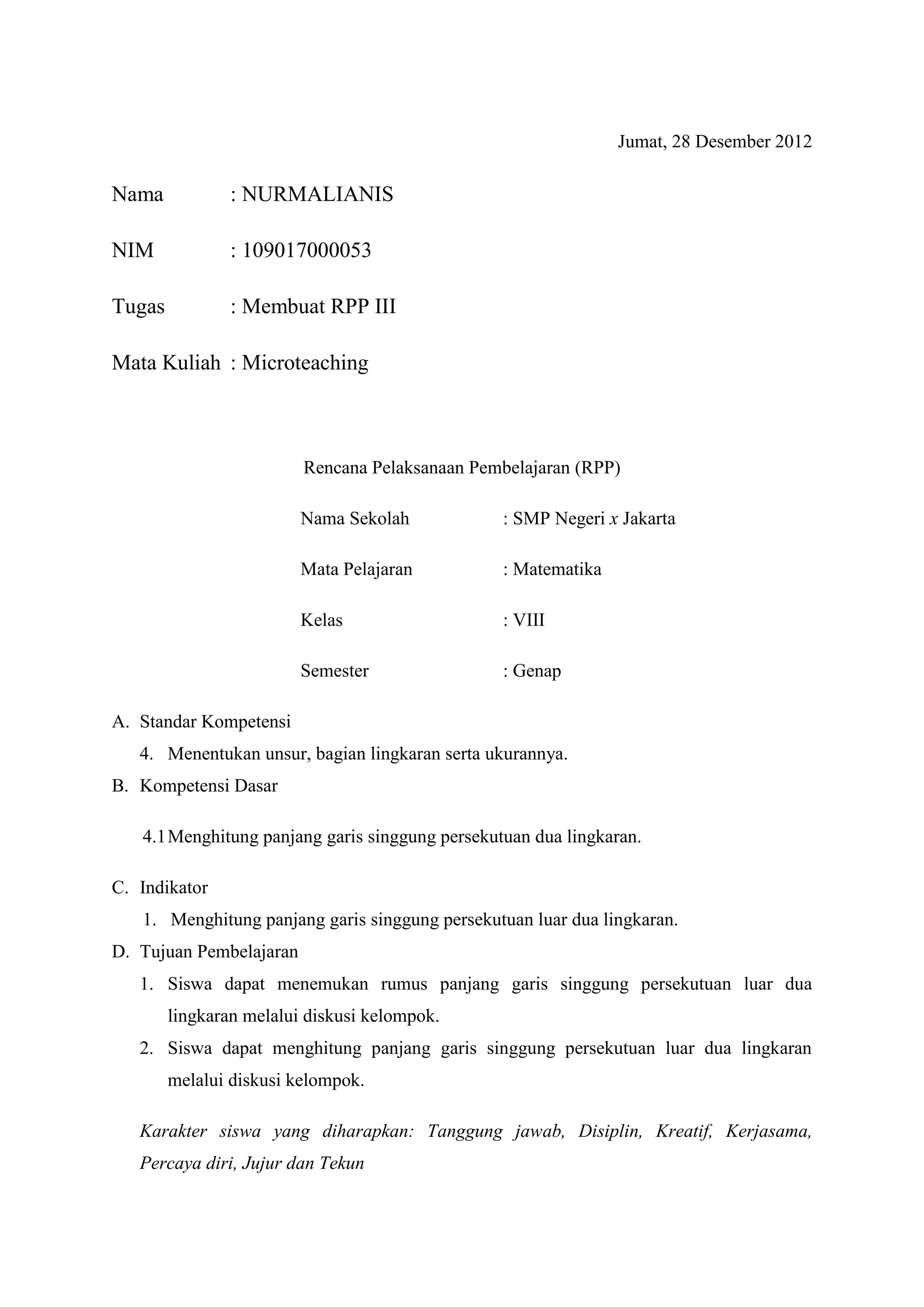 contoh RPP berkarakter | DOCX