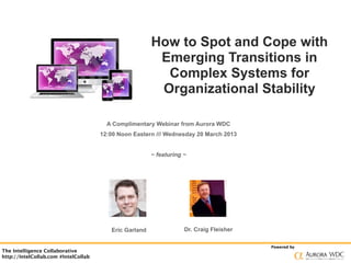 How to Spot and Cope with
                                                         Emerging Transitions in
                                                          Complex Systems for
                                                         Organizational Stability

                                        A Complimentary Webinar from Aurora WDC
                                      12:00 Noon Eastern /// Wednesday 20 March 2013


                                                        ~ featuring ~




                                         Eric Garland               Dr. Craig Fleisher

                                                                                         Powered by
The Intelligence Collaborative
http://IntelCollab.com #IntelCollab
 