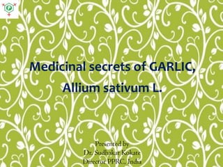 Medicinal secrets of GARLIC,
Allium sativum L.
Presented by
Dr. Sudhakar Kokate
Director PPRC, India
 