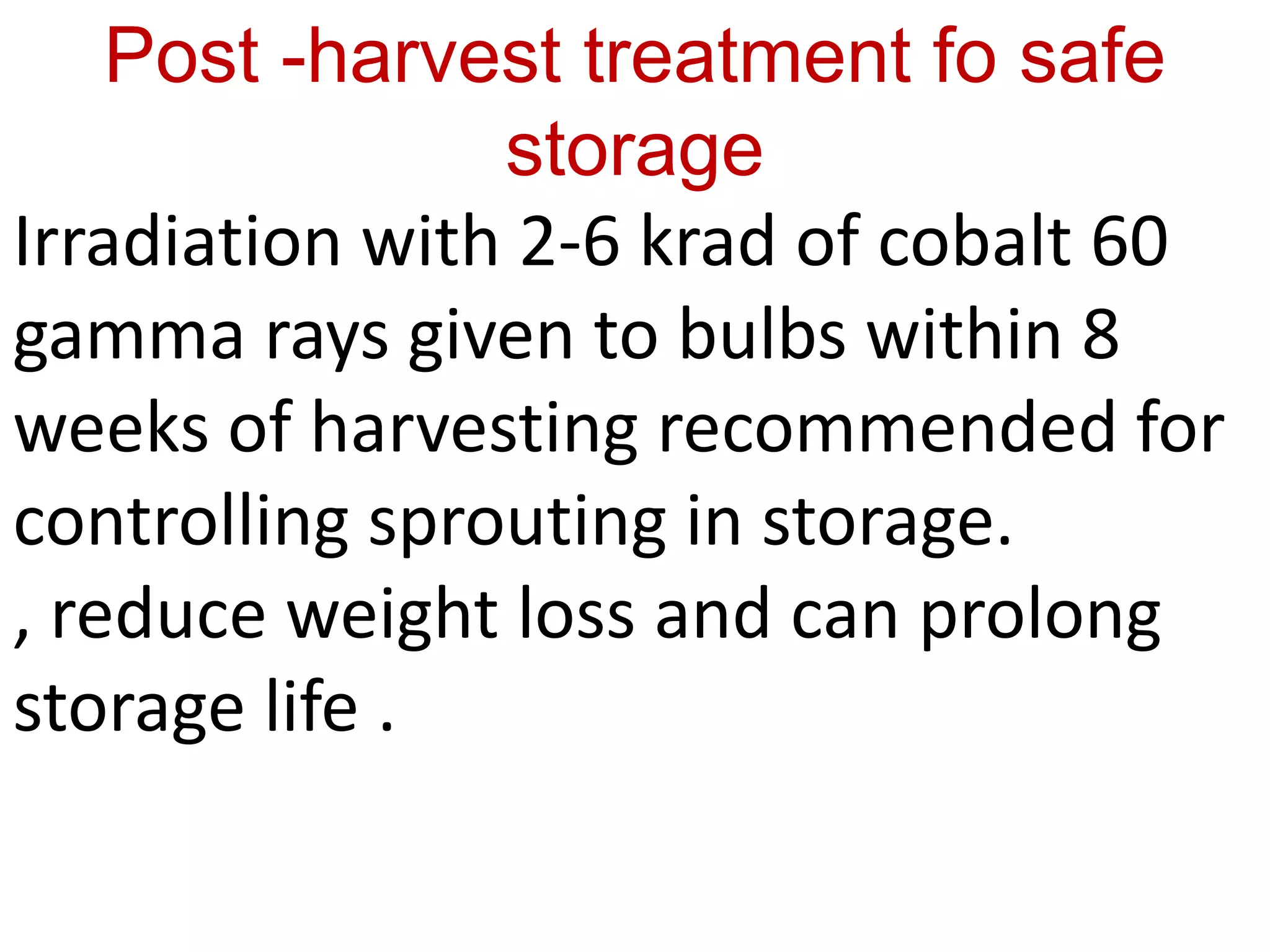 Post -harvest treatment fo safe
storage
Irradiation with 2-6 krad of cobalt 60
gamma rays given to bulbs within 8
weeks of harvesting recommended for
controlling sprouting in storage.
, reduce weight loss and can prolong
storage life .
 