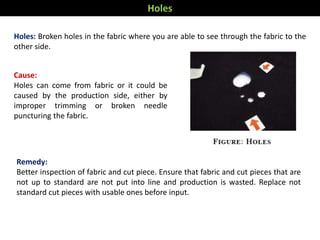 Holes: Broken holes in the fabric where you are able to see through the fabric to the
other side.
Remedy:
Better inspectio...