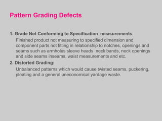 Pattern Grading Defects

1. Grade Not Conforming to Specification measurements
   Finished product not measuring to specif...