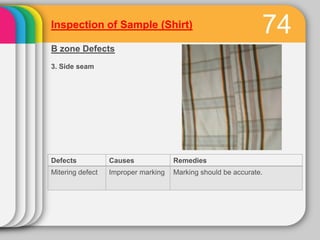 Inspection of Sample (Shirt)                                   77
C zone Defects
4. Cuff seam




Defects          Causes ...