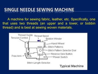 SINGLE NEEDLE SEWING MACHINE
A machine for sewing fabric, leather, etc. Specifically, one
that uses two threads (an upper and a lower, or bobbin
thread) and is best at sewing woven materials.
 
