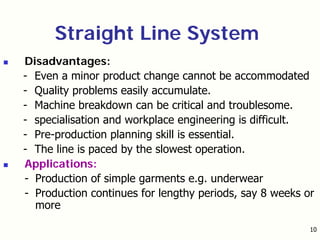 10
Disadvantages:
- Even a minor product change cannot be accommodated
- Quality problems easily accumulate.
- Machine breakdown can be critical and troublesome.
- specialisation and workplace engineering is difficult.
- Pre-production planning skill is essential.
- The line is paced by the slowest operation.
Applications:
- Production of simple garments e.g. underwear
- Production continues for lengthy periods, say 8 weeks or
more
Straight Line System
 