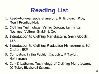 31
Reading List
1. Ready-to-wear apparel analysis, P. Brown/J. Rice,
Merril Prentice Hall.
2. Clothing Technology, Verlag Europa, Lehrmittel
Nourney, Vollmer GmbH & Co.
3. Introduction to Clothing Manufacture, Gerry Gooklin,
BSP.
4. Introduction to Clothing Production Management, HJ
Chuter, BSP
5. Computers in the Fashion Industry, P.Taylor,
Heinemann
6. Carr & Latham's Technology of Clothing Manufacture,
DJ Tyler, Blackwell Science.
 